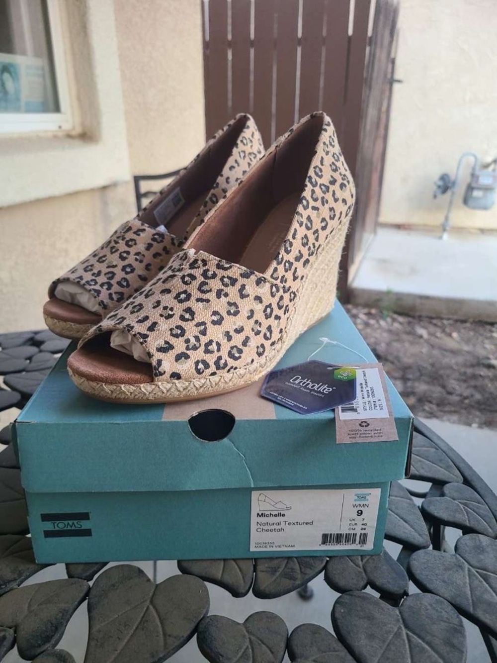 TOMS Leopard Print Peep-Toe Espadrille Wedge in Natural/Tan